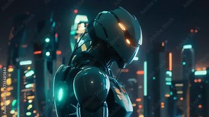 A cyborg is on the edge of the roof of a high-rise building, looking down at the night city. Robots and cybernetics concept