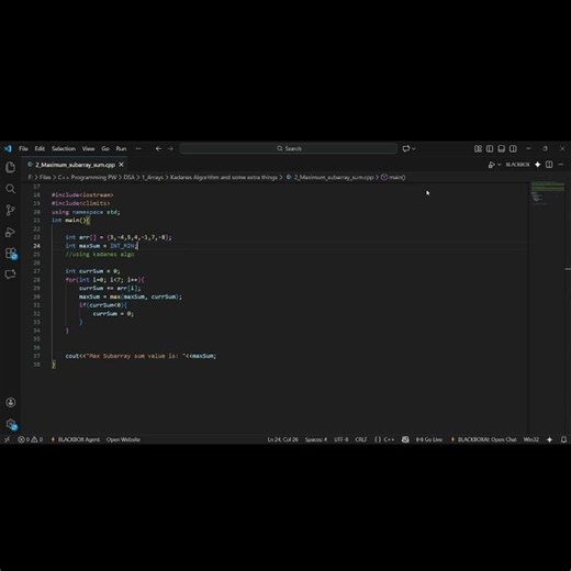 Kadane’s Algorithm in 15 Seconds in C++ #dsa #shorts #viral #interview #placement #kadanesalgorithm