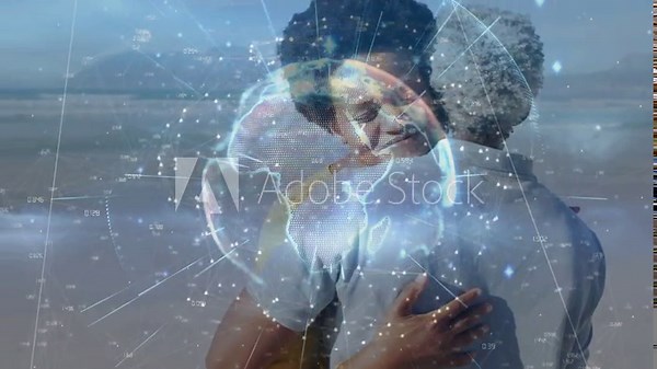 Couple hugging on beach, animated globe pulsing and growing, deepening smile and highlighting tech