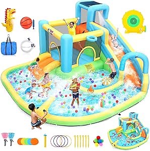 Inflatable Bounce House Water Slide for Kids 12.7FT x12FT Water Park with Splash Pool, Climbing Wall, Catch Ball Set & Toss Rings, Blower Included, for Party Holiday Outdoor Indoor (Water Park-Green)