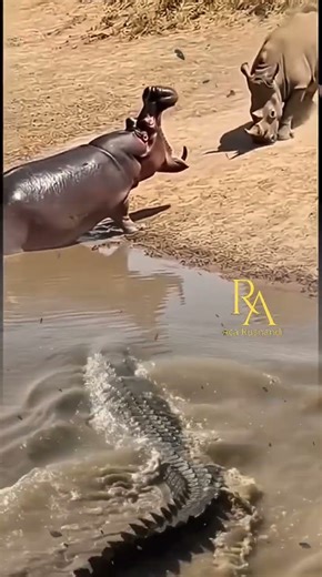 pertarungan 3 binatang buas kudanil badak dan buaya dialam liar