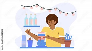 a cheerful barista preparing coffee in a cozy cafe environment with string lights and bottles on a shelf illustration business animated video