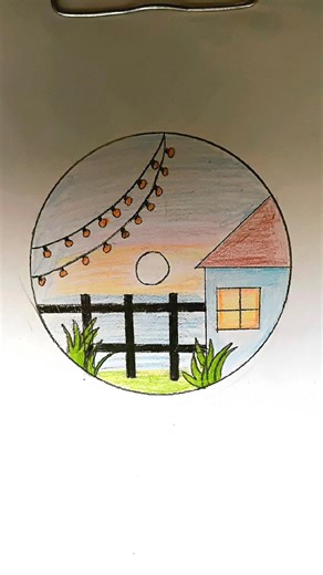 Beautiful Sunset Circle Drawing 🌅 Easy Scenery Drawing #shorts