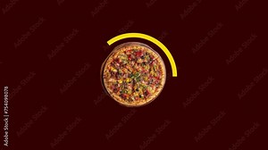 Pizza in brown background loading page animation process page of fruit onion pizza transition circular rotation animated in yellow color