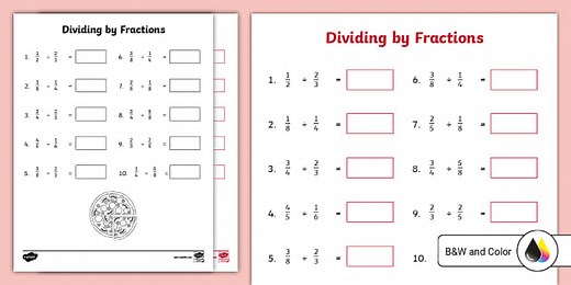 Dividing by Fractions Worksheet for 6th-8th Grade