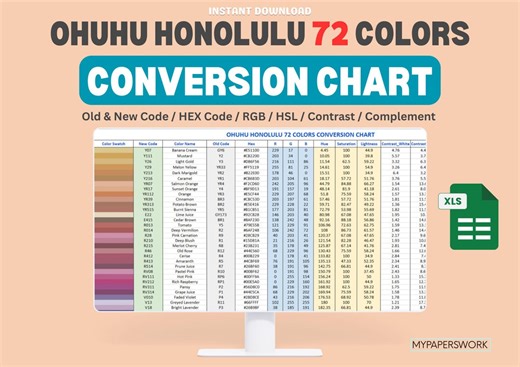 Ohuhu Honolulu 72 Color Conversion Chart (xls) | Old New Codes, Hex, Rgb, Hsl - Etsy