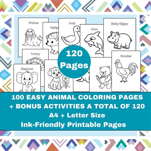 Coloring Book for Kids | 120 Pages | 100 Easy Simple Bold Animals + Tracing, Mazes & Fun Activities | Printable Coloring Book Kids PDF - Etsy