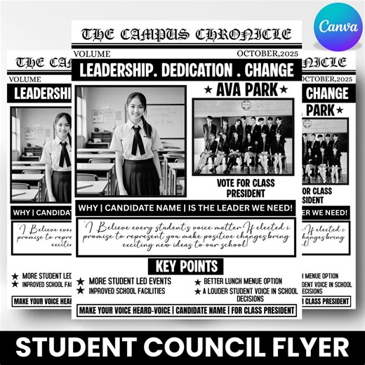 Newspaper Style Student Council Campaign Flyer, School Election Flyer, Student Government Poster, Vote Campaign Flyer, Canva Editable - Etsy