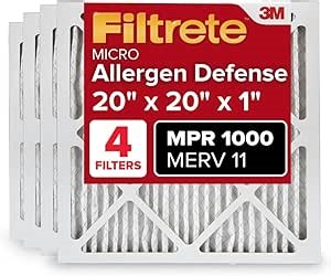 Filtrete 20x20x1 Air Filter MERV 11, MPR 1000 Micro Allergen Defense 4-Pack, AC Furnace HVAC Filters for Home, 3-Month Pleated Electrostatic (Actual Size 19.69 x 19.69 x 0.81 in)