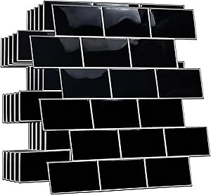 WALPLUS 20 Sheets Peel and Stick Kitchen Backsplash Tile Stickers Self Adhesive Stick on Subway Tile 12" x 6" Bathroom Splashback Water Heat Resistant 3D Wall Tiles Black Metro Subway Glossy
