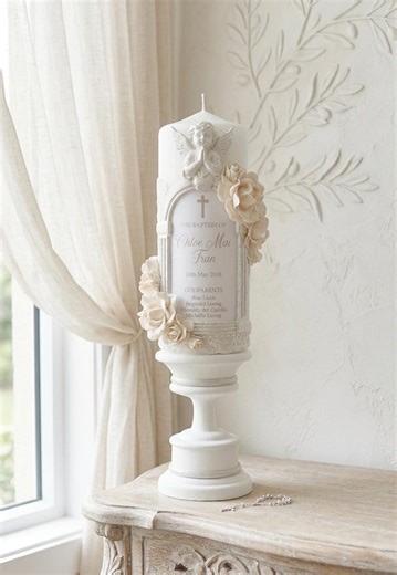 Personalized Baptism Candle First Holy Communion Angel Champagne and Pearl, Lace Off-white , Flowers, Holder - Etsy