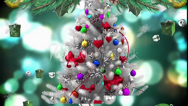 Animation of snow falling over christmas tree and decoration