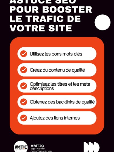 🚀 Boostez votre trafic avec ces astuces SEO simples et efficaces ! Des mots-clés pertinents, du contenu de qualité, des backlinks solides… Voici les fondements d’un bon référencement naturel. Prêt à grimper dans les résultats Google ? 📈 #AstucesSEO #TrafiWeb #ReferencementNaturel #AMTIC #Digital