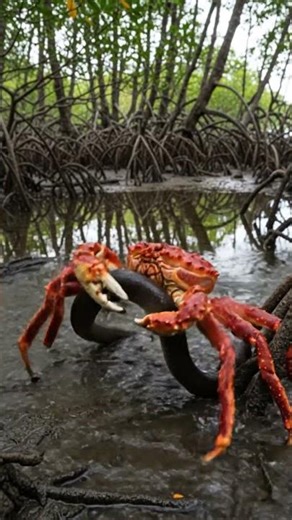 Red crab vs snake fight! #crab #crabstory #crabvideo #crabshorts #viralshorts #fyp #trendingshorts.