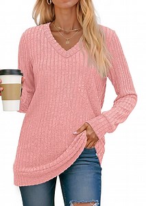 Fantaslook V Neck Long Sleeve Shirts for Women Dressy Casual Fall Tops Lightweight Tunic Pullover Fashion Clothes