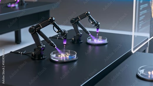 Robotic arm directs a purple ultraviolet beam into a petri dish with circuit traces. Scene conveys automated lab work and bioelectronics research with controlled illumination on microstructures