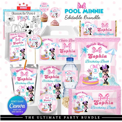 Minnie Pool Party Birthday Bundle Minnie Mouse Bowtique | Mickey Mouse Clubhouse | Minnie Daisy Birthday Editable Minnie Party Favors Bonus - Etsy