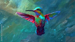 A detailed animation of a multicolored hummingbird flying, portrayed in a stylized and artistic manner