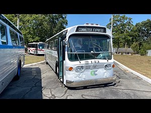 3 GMC flexible buses pulling into New Jersey historical ￼ bus festival.