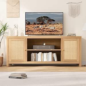 Rattan TV Stand for 70 inch, Boho Entertainment Center with Storage and Shelves, Wood TV Stand Cabinet with Doors, Media Console Cabinet Living Room Furniture for Bedroom (63 Inch)