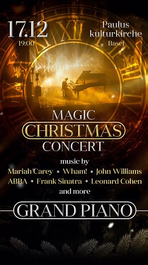 🎄 Magic Christmas – Grand Piano & Winter Laser Show ✨ Erleben Sie ein einzigartiges Weihnachtskonzert, bei dem Live-Klaviermusik und ein spektakuläres Winter-Laser-Show zu einer magischen Symbiose verschmelzen. Funkelnde Lichter, sanfte Laserstrahlen und festliche Klavierklänge verwandeln die Kirche in ein leuchtendes Winterwunderland. ❄️ Tauchen Sie ein in die zauberhafte Atmosphäre der Weihnachtszeit – mit den beliebtesten Melodien, die Generationen verbinden! 🎹 Am Flügel erklingen weltbekan