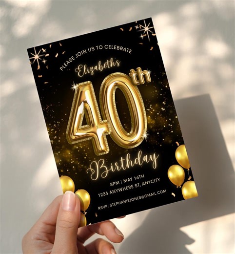 40th Birthday Party Invitation Template, Canva Editable Template, Printable Digital Download Invitation, Black and Gold Fortieth E-invite - Etsy