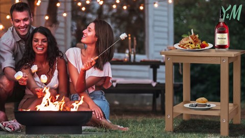 Y&M Outdoor Side Table, HIPS Adirondack Small Double Layer Table, Waterproof Square Outside Table, Balcony Modern End Tables for Patio, Pool, Beach, Porch, Deck, Indoor or Outdoor Use, Brown