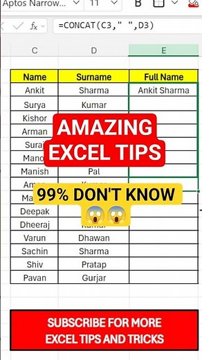 👉 Excel me first name aur last name kaise jode #shorts #exceltips