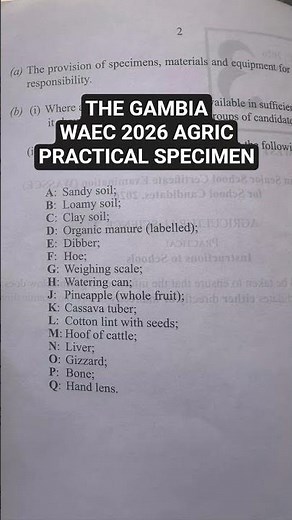 WAEC 2026 AGRICULTURAL SCIENCE PRACTICAL SPECIMEN