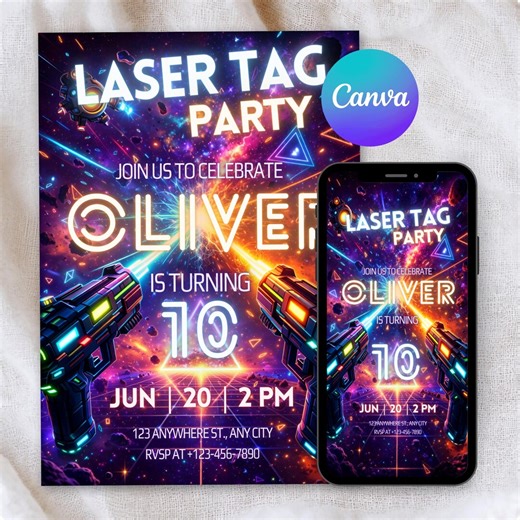 Laser Birthday Invitation, Laser Tag Party Invite for Kids, Neon Gamer Birthday Invitation Template, Editable Digital Download, Mobile - Etsy