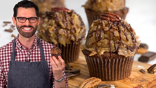 4.7K views · 72 reactions | Rich German chocolate cupcakes piled high with coconut pecan frosting and filled with a chocolate surprise! ✅ RECIPE: https://preppykitchen.com/german-chocolate-surprise-cupcakes/ | Preppy Kitchen | Facebook