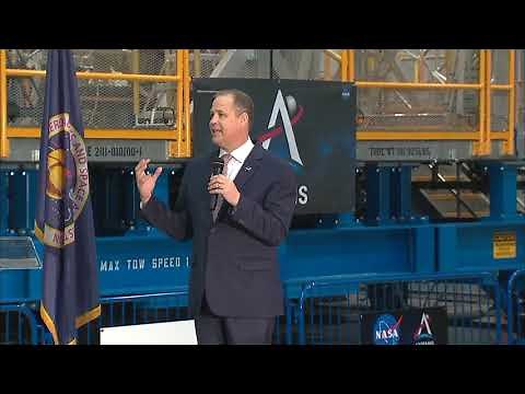 NASA Administrator Jim Bridenstine gives Artemis update with core stage of Space Launch System