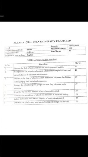 AIOU Code 8606 past paper spring 2025 | 03468885319