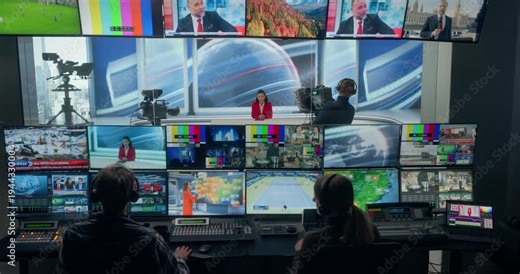 TV Station Production Control Room Live Studio Newscast as Broadcast Professionals Coordinate Camera Switching, Monitoring, Routing. Anchor, Remote Reports, Talk Show, Sports for Cable Channel