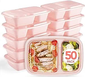 50 Pack Pink Meal Prep Containers 2 Compartments, Glotoch 32OZ to Go Containers for Food, Disposable Plastic Food Containers with Lids for Microwave Dishwasher Freezer Safe