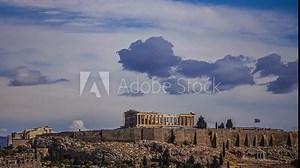 The Parthenon For The Goddess Athena On The Athenian Acropolis In Greece. Timelapse