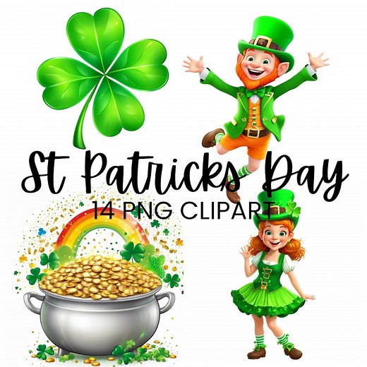 St Patricks Day Clipart, Leprechaun Clip Art, Shamrock PNG, Lucky Charm, Pot of Gold, Four Leaf Clover, Scrap Book Image, Commercial Use - Etsy