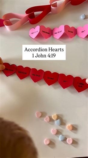 Brittany Hill on Instagram: "Free printable! ❤️⬇️ I love creating simple and fun ways for my boys to memorize scripture! These accordion hearts are perfect for 1 John 4:19. 🥰 Comment “LOVE” for the free download link! 🔗 “We love because he first loved us.” 1 John 4:19 “My command is this: Love each other as I have loved you.” John 15:12 #fruitofthespirit #love #sundayschool #bibleforkids #valentinesday #memoryverse #christianmom"