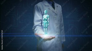 Doctor open palm, Rotating transparency 3D robot cyborg body. Artificial intelligence.robot technology.