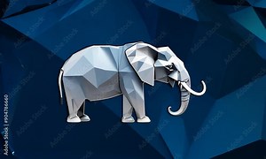 Low poly art of a roaring elephant in high details. Vector animal triangle geometric illustration. Abstract polygonal art. With drak blue color background.