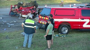 Just after 6 pm Sunday, an 18-wheeler was traveling south on I-45 in Huntsville. As the driver passed Highway 30, he rear-ended a KIA passenger car. The impact drove the KIA up onto a trailer towing a mini-excavator. The KIA went up the left side of the trailer, hit the mini-excavator, knocking it off the trailer. The KIA then continued forward, striking the Chevrolet 2500 pickup that was towing it. The KIA sliced the tailgate before striking the roof of the pickup, collapsing it. The KIA then r