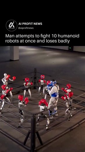 Artificial Intelligence News & Technology on Instagram: "A man recently attempted to fight ten humanoid robots simultaneously in a controlled demonstration, turning a viral challenge into a clear display of how quickly robotics performance can overwhelm human strength and stamina. The robots were programmed to coordinate movements, maintain balance after impact, and apply consistent force without fatigue, allowing them to surround and overpower the human participant within seconds despite the ab