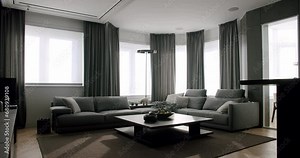 Spacious living room with modern interior, comfort sofa with cushions, coffee table, window with curtains in gray tones and carpet on floor. Luxury apartment with contemporary furniture