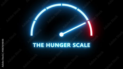 Hunger scale with arrow, measurement value. Chart indicating eat stages to evaluate level of appetite control. Mindful eating. Infographic gauge
