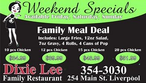 Dixie Lee - Liverpool, NS is open 11am-7pm Labour Day weekend & has great deals on delicious Family Meal combos ALL weekend, EVERY weekend! 😋 Did you know...you can request to mix fish 🐟 and chicken 🍗 in your Family Meal? Just ask your server to have it split up in any combination you choose at no extra cost. Want 6 pieces of fish and 6 pieces of chicken in your Family Meal? No problem! We can do that! Come on down and order eat-in or take-out in person, or call ahead and have your order read