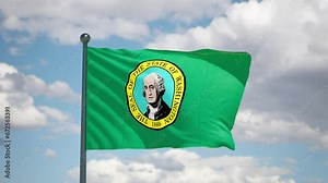 Washington state waving flag. USA Close up American WA flag flutters in the wind. Cloudy sky background. Realistic 3d render cgi.