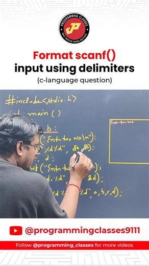 Programming Classes on Instagram: "C language | Format input in scanf() using delimiters | follow us . . . Follow @programming_classes learn more Tags Your Friends . . . . #clanguage #coding #programming #code #webdevelopment #python #javascript #codinglife #developer #codingcommunity #learnprogramming #fyd #programmingclasses #mukeshsir #reeitfeelit #reelsinstagram #reels #reelkarofeelkaro #viral #growth #concept #job"