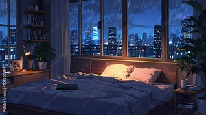 A cozy bedroom scene featuring a neatly made bed, illuminated by city lights and rain outside the window. Ideal for relaxation. created with generation ai