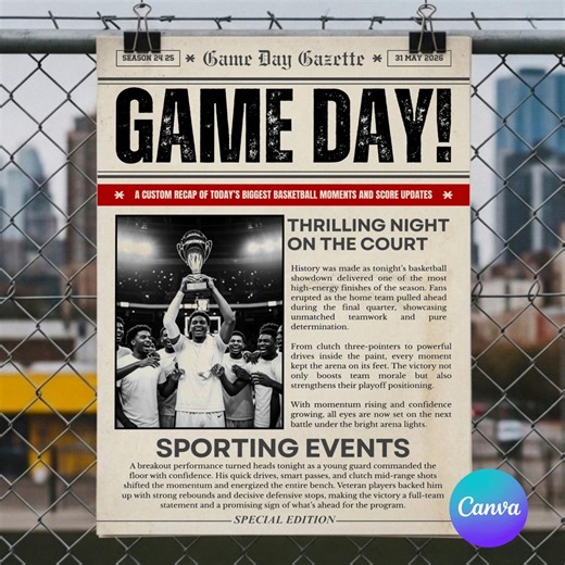 Gameday Newspaper Poster Template, Sport Gameday Flyer, Coaches Gifts, Football Flyer, Football Poster, Football Wall Art, Canva - Etsy