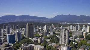 Aerial panaramic downtown Vancouver busy Residential East Shore side in the valley next to Stanley Park, English Bay, Coal Harbour, and the lions Gate Bridge.